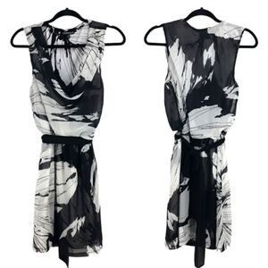 Express Chiffon Cowl Sleeveless Belted Knee Dress Color Blocked Floral Blk Sz M